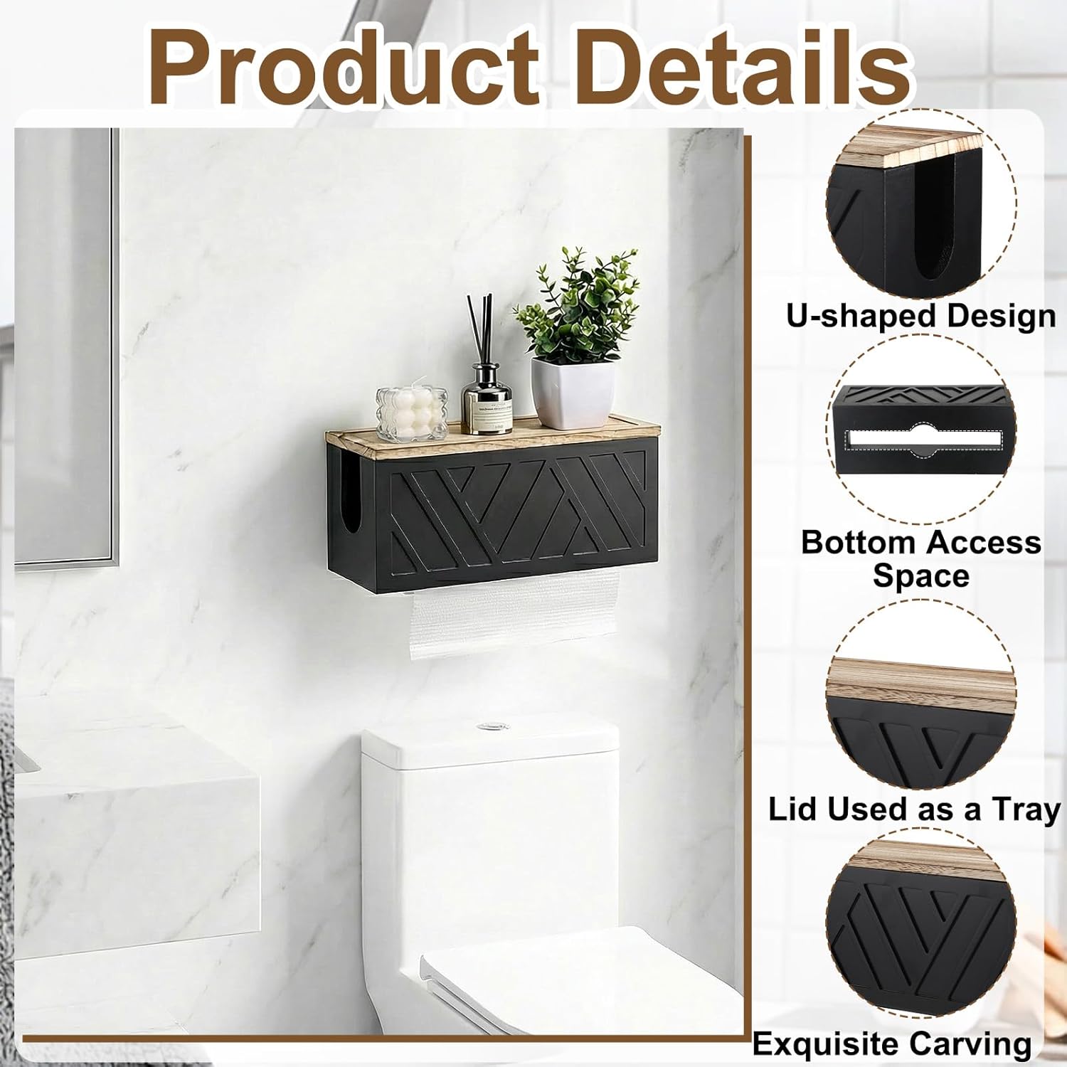 Paper Towel Dispenser Wall Mount, Paper Towel Holder Wall Mounted with Lid, Solid Wood Commercial C-Fold, Z-Fold, Trifold Hand Hand Towel Holder Dispenserfor Bathroom Kitchen Decor(Black)