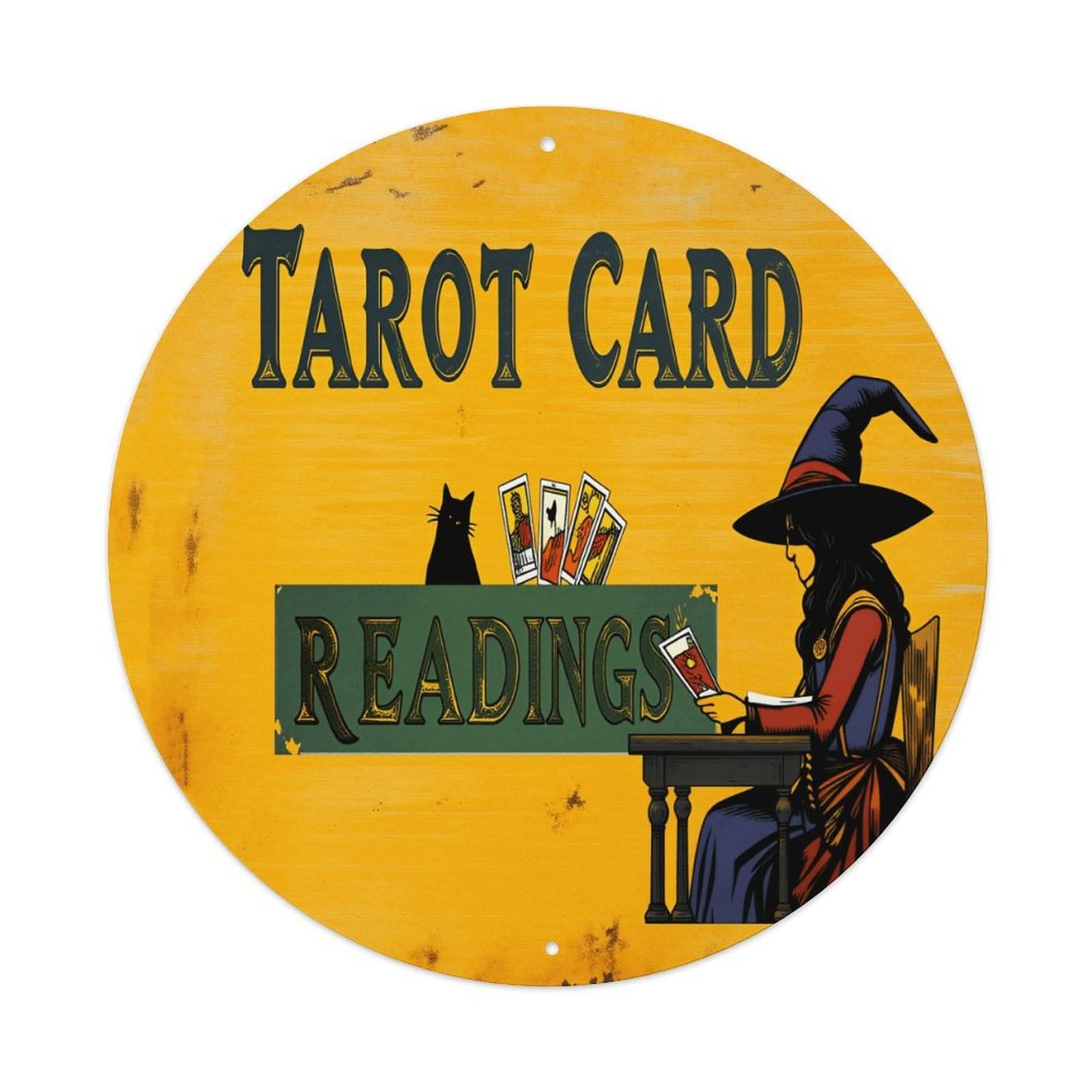 Tarot Card Readings Witch Cat (2) Round Tin Sign Vintage Metal Poster Retro Bar, Home, Man Cave, Kitchen, Laundry Room Wall Art Decor Gift 8x8Inch