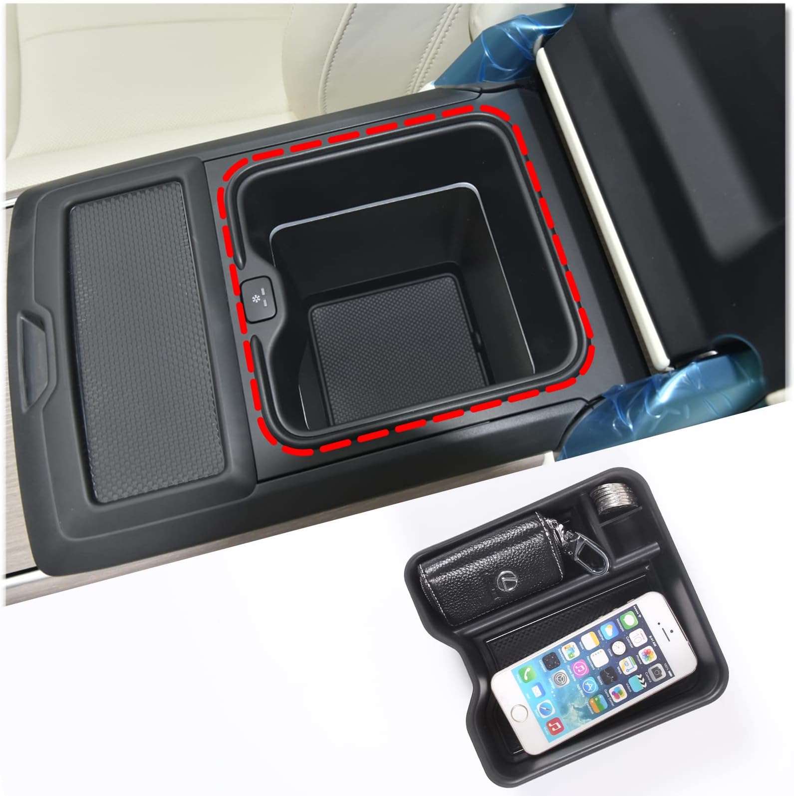 Center Console Organizer Tray Compatible with Land Rover Range Rover Sport 2023 2024 2025 Accessories, Center Console Armrest Tray Storage Box ABS Black (with Refrigerator)