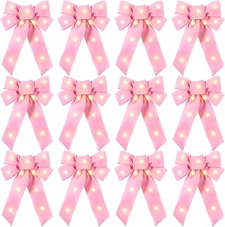 Crowye 12 Pcs Large LED Valentines Bows Lighted Velvet Bows Decoration Wreath LED Light Bow Christmas Tree Topper for Indoor Outdoor Xmas Winter Decoration(5 x 8 Inches,Pink)
