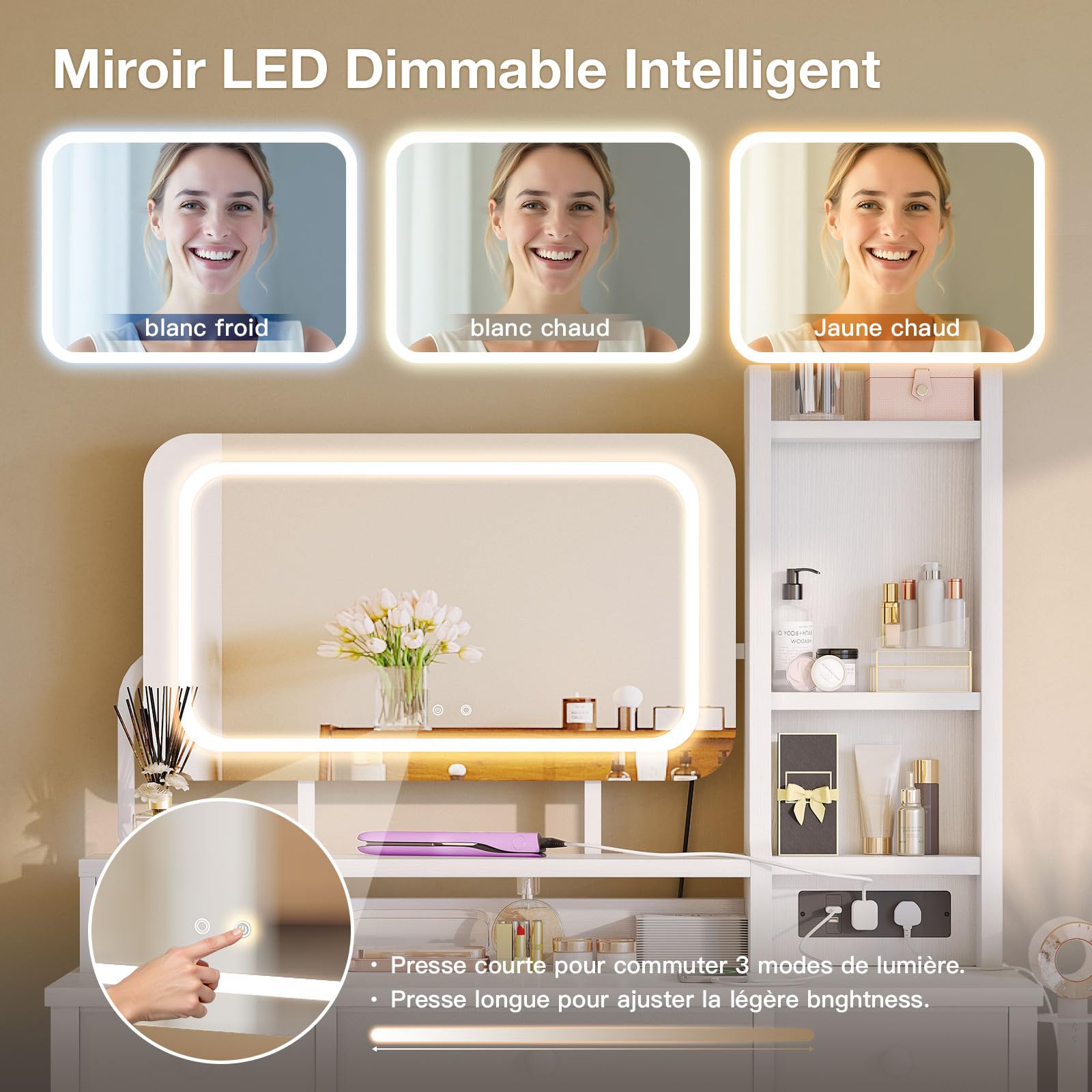 ODK Coiffeuse avec Miroir LED réglable, Bureau de Maquillage avec 4 Tiroirs en Tissu, Table de Toilette avec Prise USB intégrée, Bureau de Maquillage Blanc 100×40×140cm
