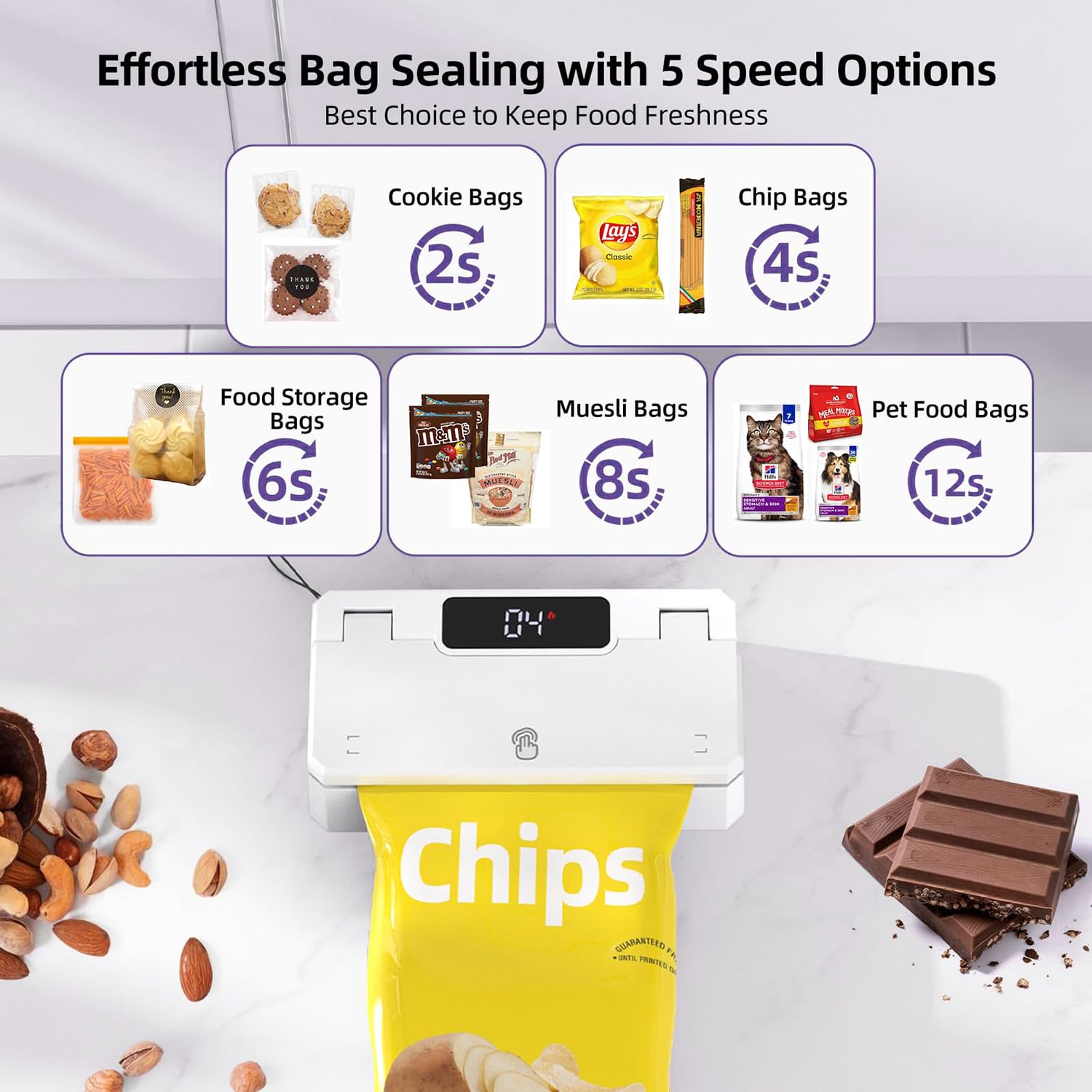 Mini scelleuse Thermique Portable Rechargeable avec Cutter, Bande chauffante de 9,7 cm et 5 Modes de scellage, idéale pour refermer Les sachets de Snacks, Chips et Plastiques. (White)