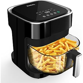 BOSWELL 4.5QT Glass Air Fryer - 6-in-1 with Transparent Bowl | Circulating Air for Crispy Results | Bake, Broil, Air Fry | Temperature Control, Dishwasher Safe (White)