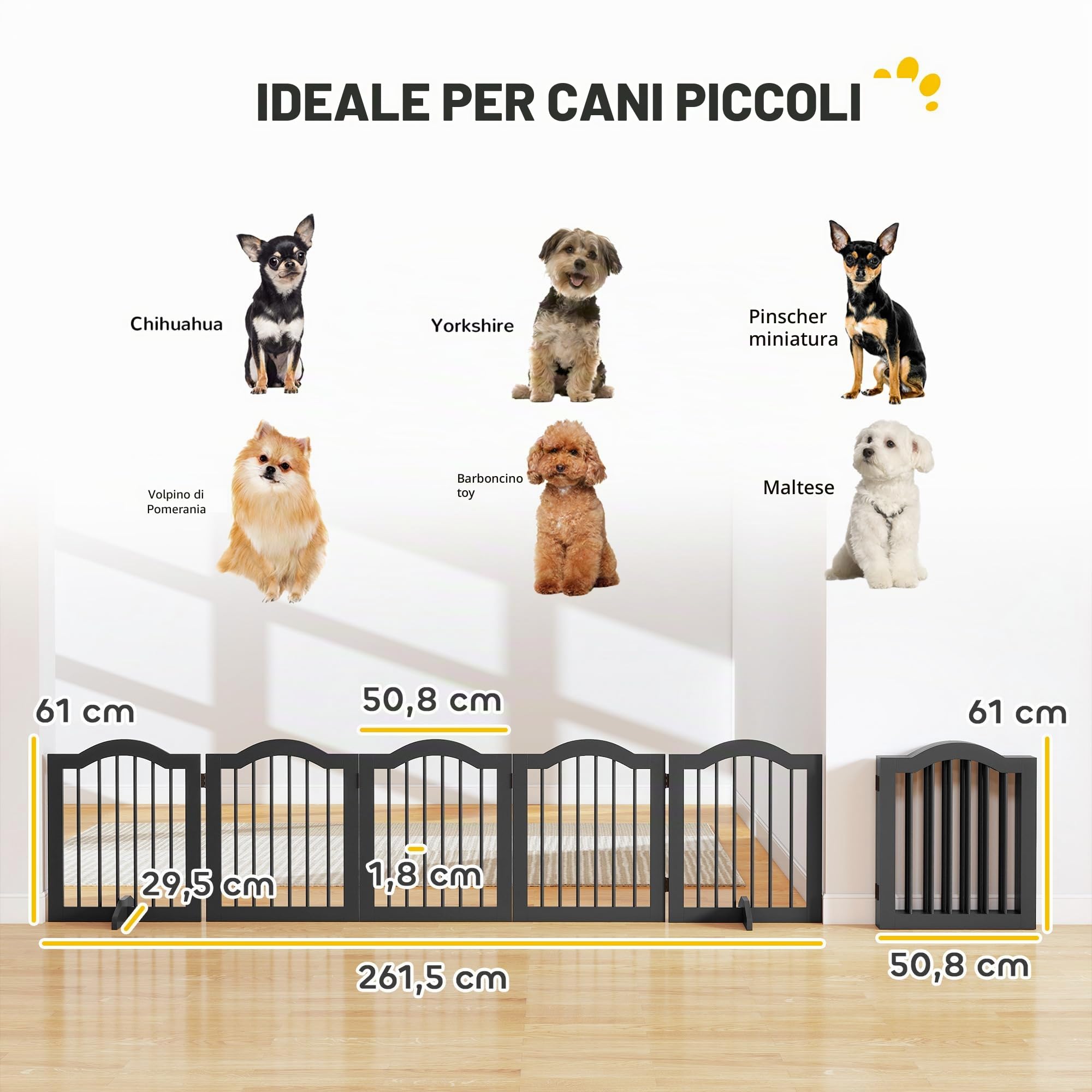 PawHut Cancello animali autoportante con piedi per porta Nero | Cancello legno, recinto pieghevole, barriera sicurezza, casa, scale