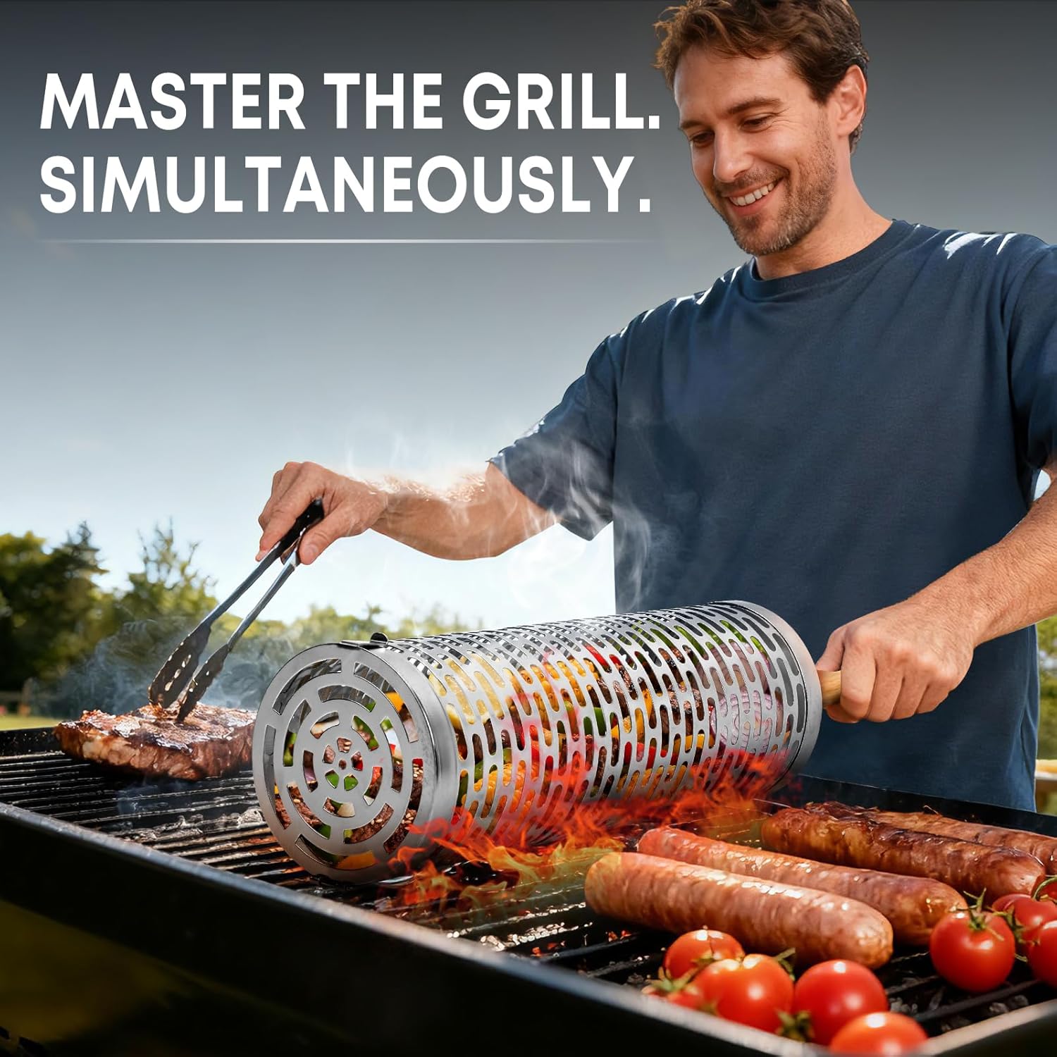 BBQ Rolling Vegetable Grill Basket: Barbecue Smoker Grill Rolling Baskets for Outdoor, Christmas Birthday Gifts for Dad Men Husband Unique 2pcs