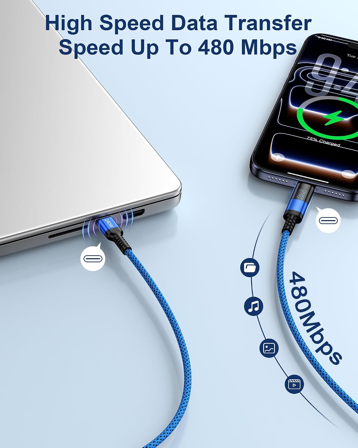 240W USBC to C Cable for iPhone 17 Fast Charger Cord with LED Power Display image 3