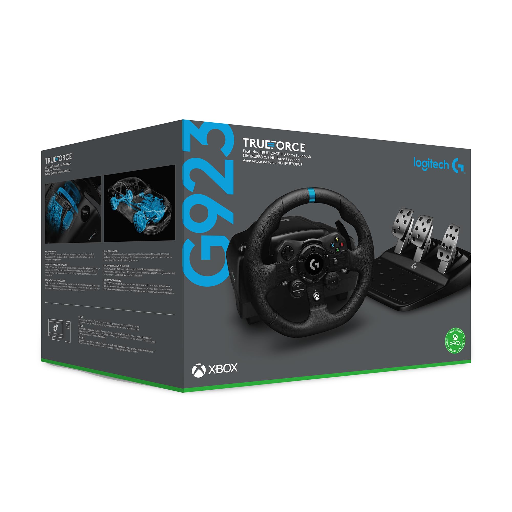 Logitech G G923, siłowe sprzężenie zwrotne TRUEFORCE do 1000 Hz, do PXbox X|S, Xbox One, PC, Wtyczka zasilająca typu G (Wielka Brytania), Układ brytyjski – Czarny