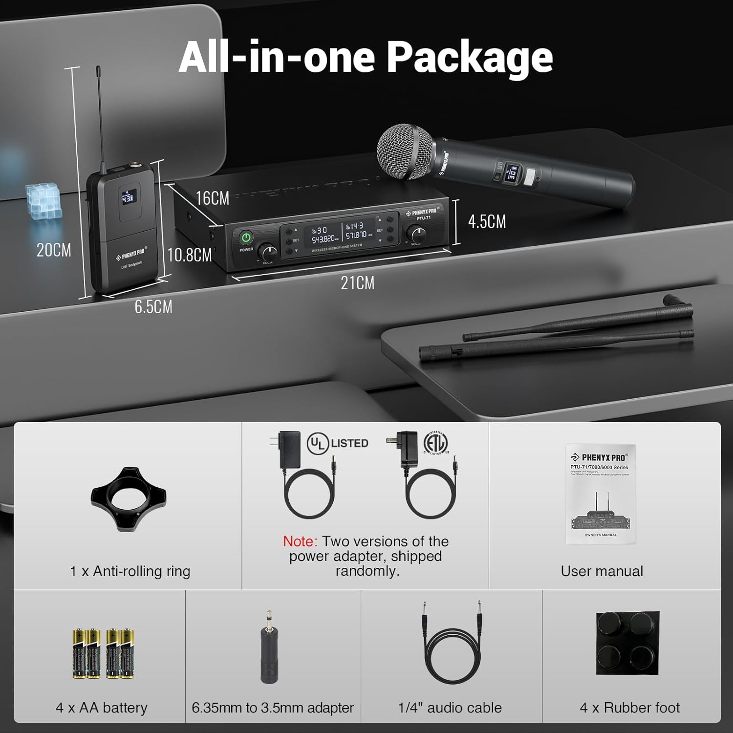 Phenyx Pro Wireless Microphone System, Dual Mic Set with Handheld/Bodypack/Lapel Mics,Auto Scan, 2x100 UHF Frequencies,328ft Range,Cordless Microphone for Singing, Karaoke, Church(PTU-71-1H1B) - Image 7