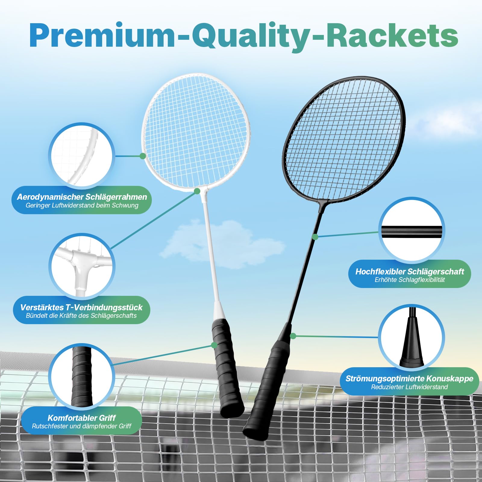 AboveGenius Badmintonschläger 4er Set für Outdoor Hinterhofspiele, darunter 4 Schläger, 6 Nylon Badminton-Federbälle, leichte Badmintonschläger für Anfänger