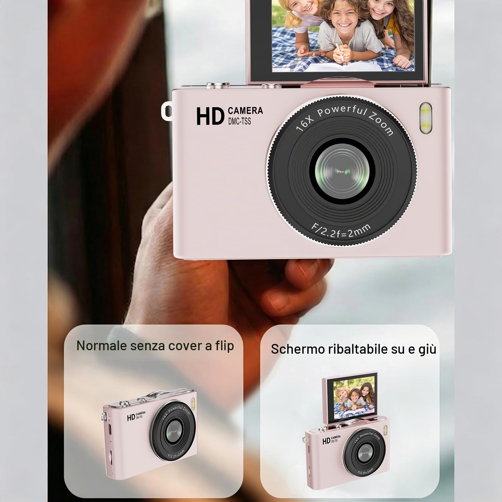 Fotocamera Digitale 4K con Scheda TF da 32 GB, Fotocamera da Viaggio 64 MP, Zoom 16x, Obiettivo Grandangolare 76°, Schermo Pieghevole 180°, Filtri Multipli con