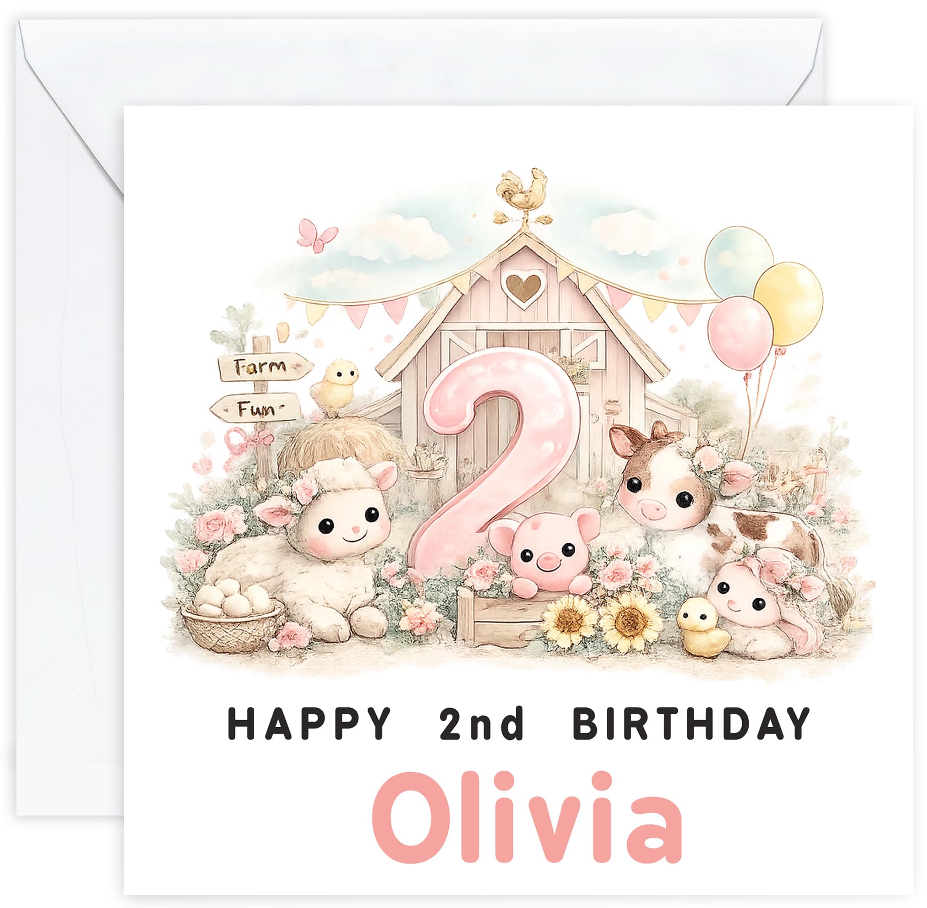 Personalised 2nd Birthday Card for Girl | Two Year Old Girls Birthday Card with Name | For Her, Daughter, Granddaughter, Niece or Goddaughter (Design 7)