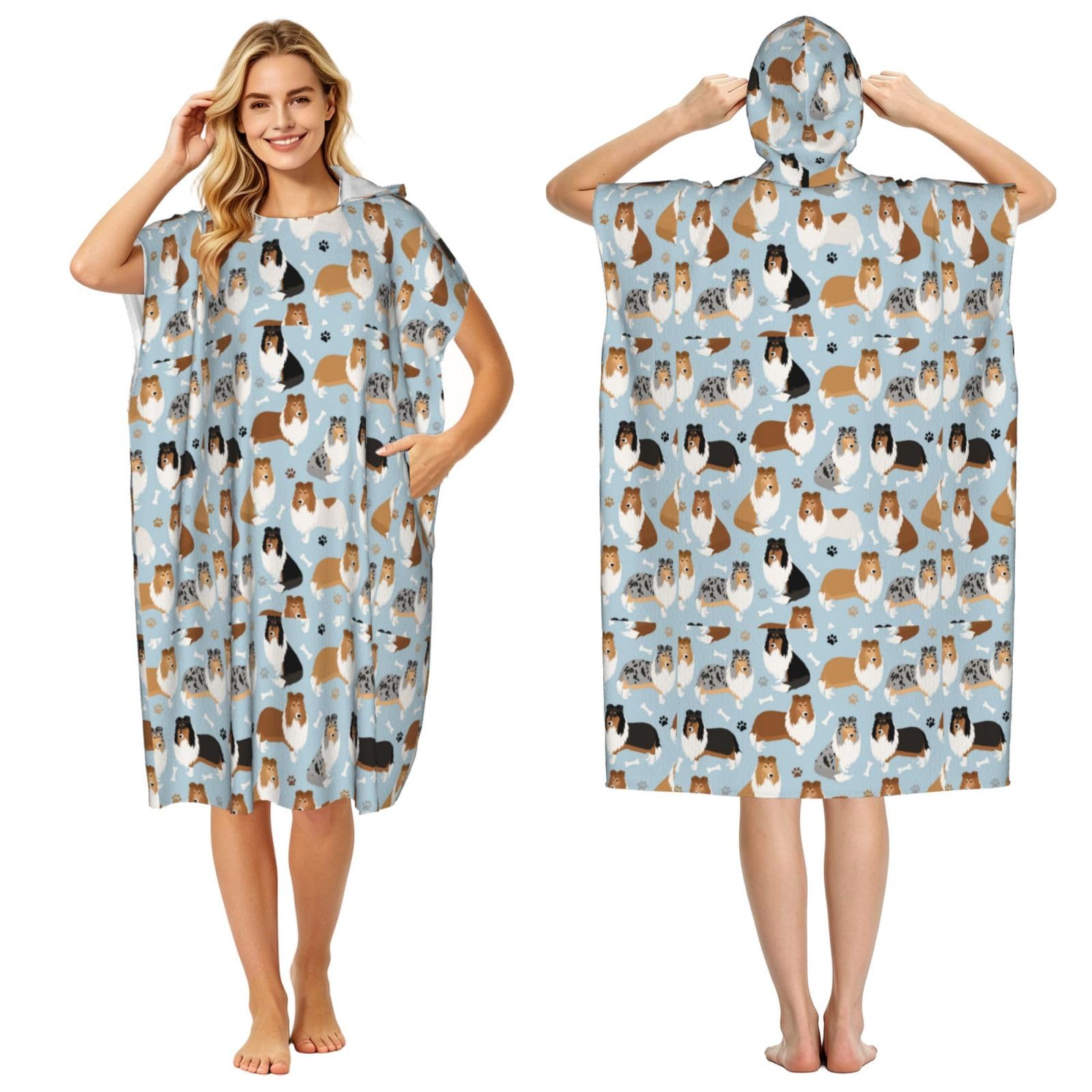 Poadnly Rough Collie Paws And Bones, Adult Hooded Beach Towel 90 x 110 cm,Changing Bath Robe, Surf Poncho Towel For Women Men
