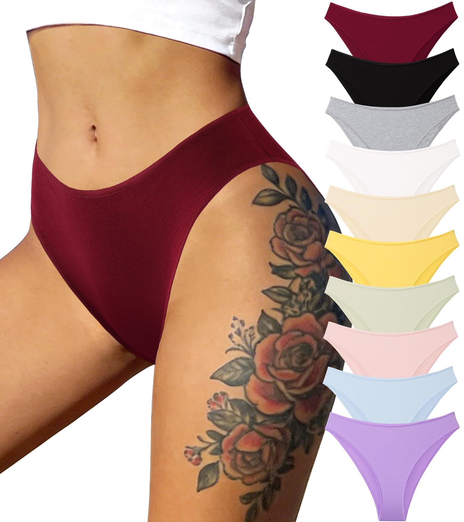 10 Pack Cotton Underwear for Women Sexy Bikini Panties Cute Low Rise High Cut Breathbale Hipster Cheeky Underwear