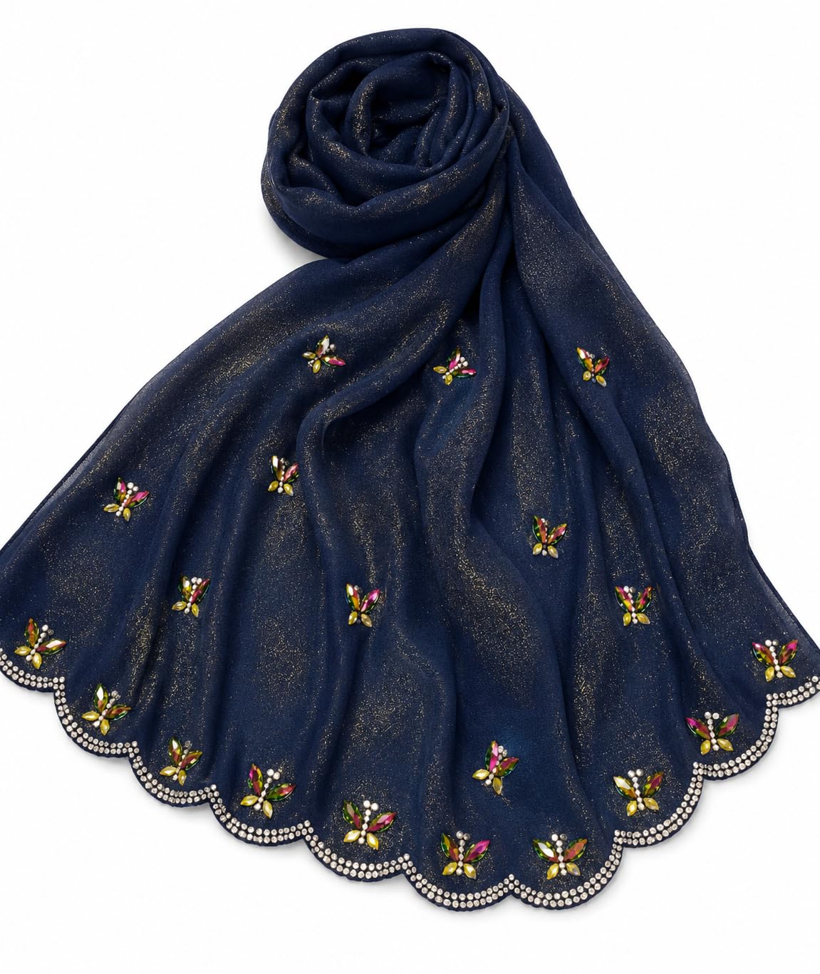 Shimmer Chiffon Hijab Scarf Shawl with Stone Work Navy Blue-picture-17