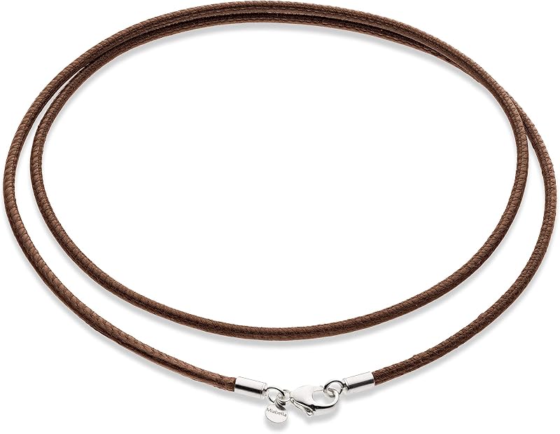 Miabella Collar de cuero italiano genuino de 2 mm negro o marrón para hombres y mujeres | Cierre de Plata de Ley 925, Cordón Liso, Hecho en Italia