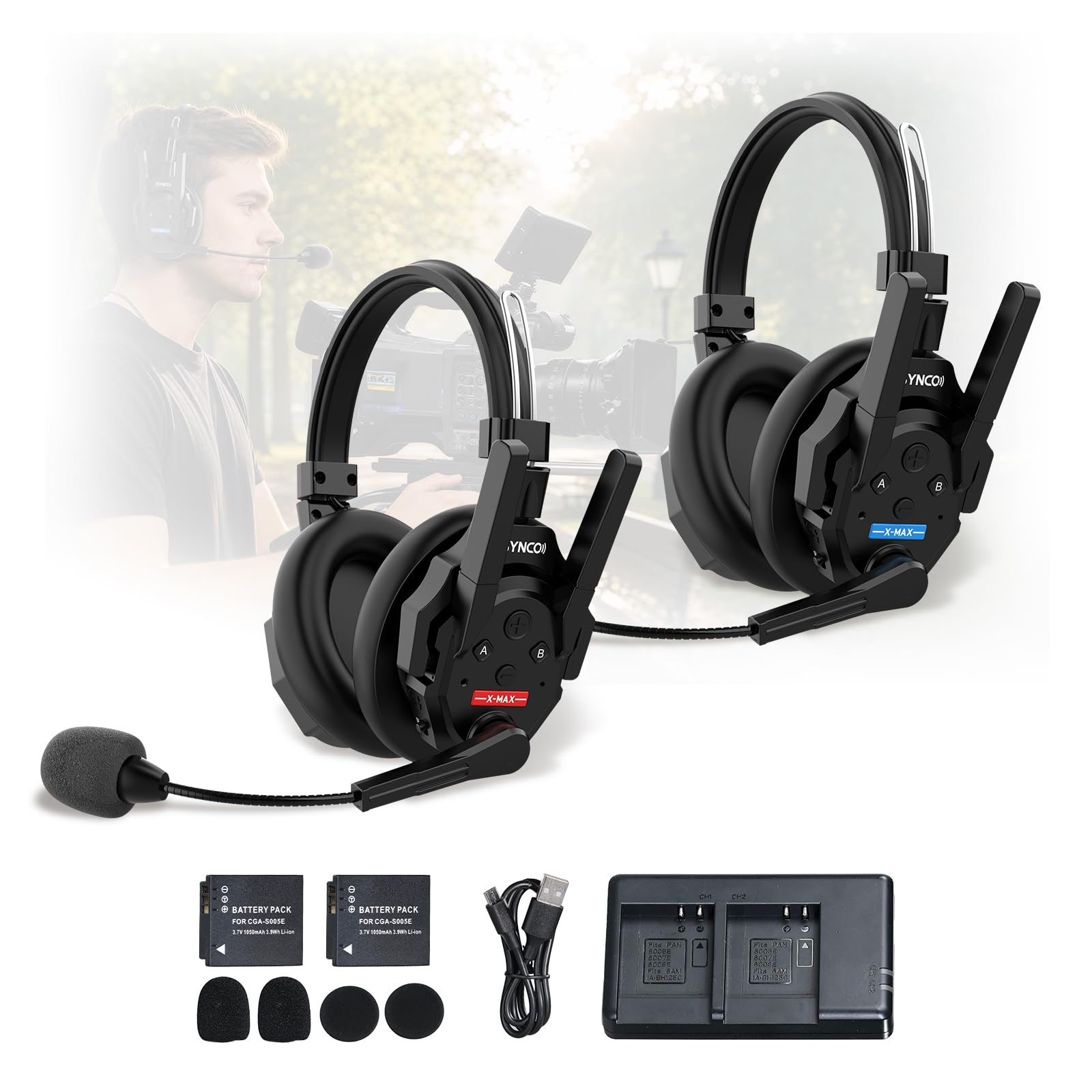 SYNCO XTALK XMax2 Wireless Intercom Headset für Film & Teamwork (2PCS) | 500m/1640ft Reichweite, 2.4GHz Full-Duplex, AEC Rauschunterdrückung, 3.5mm Monitor, 24h Akku, für Baustellen, Interviews