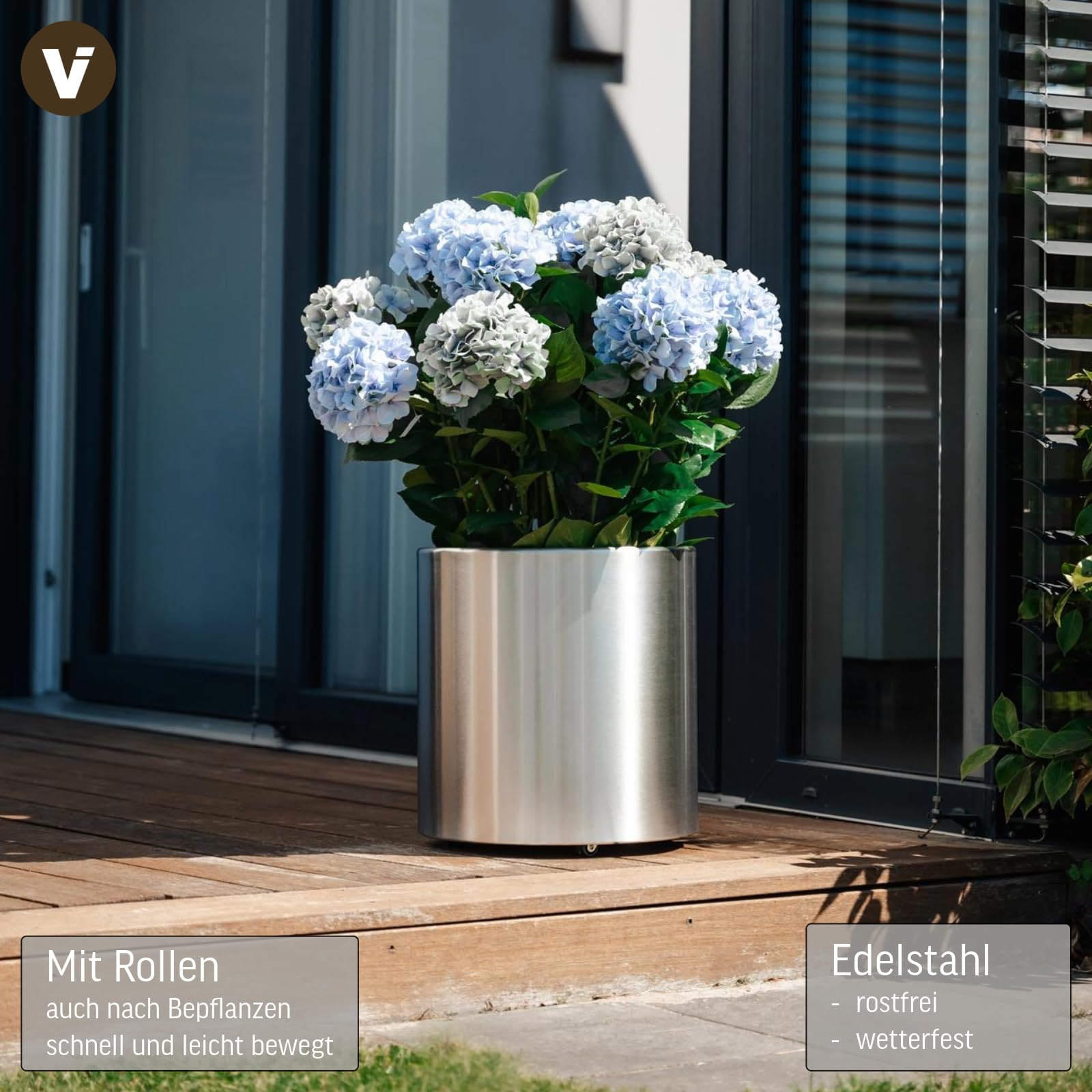 VIVANNO Pflanzkübel Edelstahl New Rondo - Wetterfest & Rostfrei mit Rollen | Mobiler Blumenkübel Ø40x40 cm, wetterbeständig, für außen & draußen, rostresistent, edles Design, korrosionsbeständig.