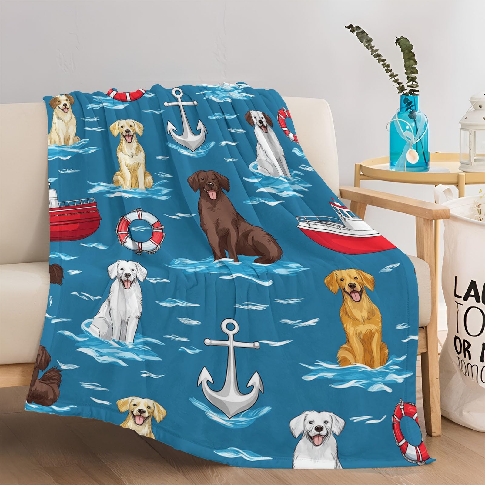 Kolorowy koc dla psa łodzi ratunkowej 180 x 200 cm, ciepły i lekki flanelowy koc na sofę, puszyste koce z nadrukiem dla dzieci nastolatków dorosłych