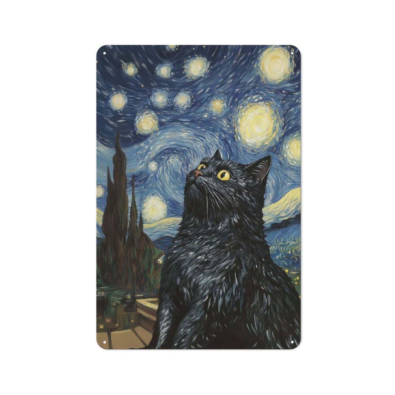 Junmoney Style Starry Night Cat(2) Printed Metal Sign 30X20cm For Lounge Or Reading Corner, A Winter Wall Decor Update For Reading Corner Decorators