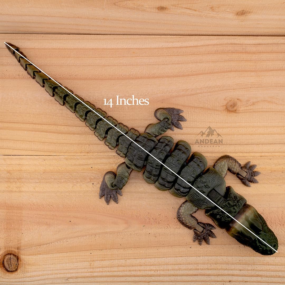 Articulated 3D Printed Alligator, Realistic Posable Gator Desk Pet with Hand Crafted Glass Eyes, Articulated Body with Neck and Jaw Joints