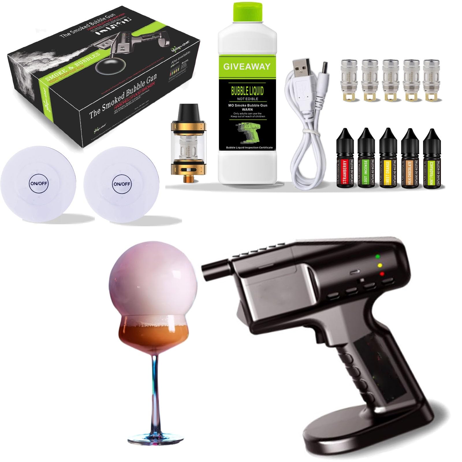 Elektryczny pistolet do baniek dymnych, pistolet do baniek do koktajli, do koktajli z 5 olejkami smakowymi i 300 ml jadalnych baniek, zestaw do wędzenia napojów do whisky, bourbona, wódki, rumu