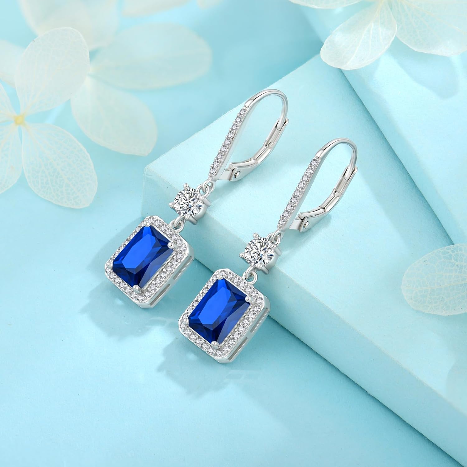 FJ Princess Cut Dangle Drop Earrings 925 Sterling Silver Square Halo Leverback Earrings Birthstone Jewelry for Women - Image 5