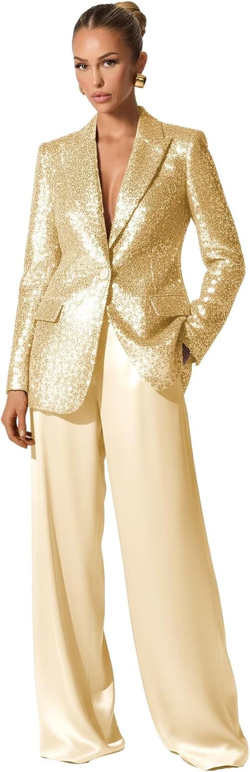 Sequin Womens Suit 2 Piece Glitter Sparkly Womens Suits for Wedding Party 1 Button Peak Lapel Shiny Prom Tuxedo