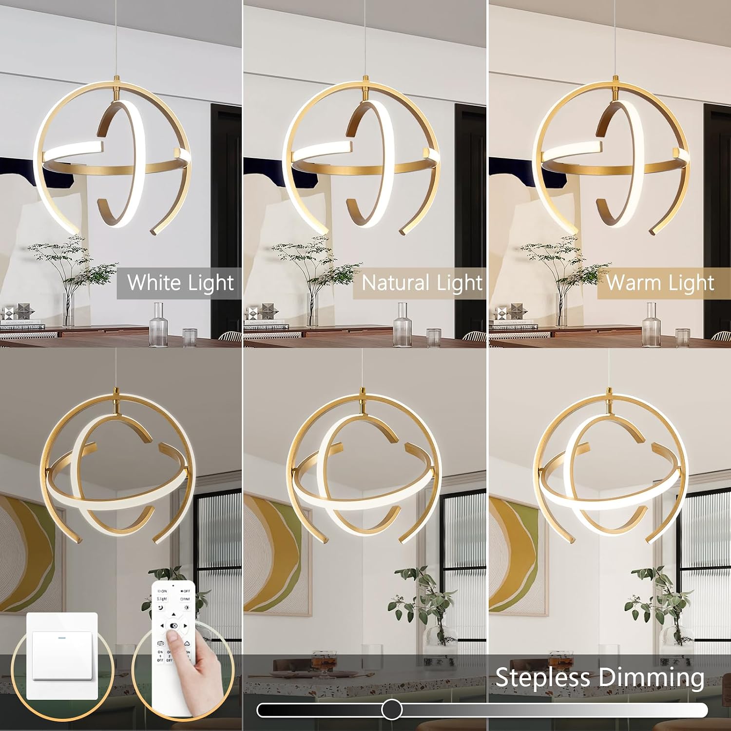 Modern Gold Dimmable LED Chandelier, 13 Inch Brushed Metal Globe Pendant Lights, Hanging Ceiling Light Fixture for Kitchen Island Living Room Room Dining Bedroom Hallway Entryway Foyer (3-Pack)