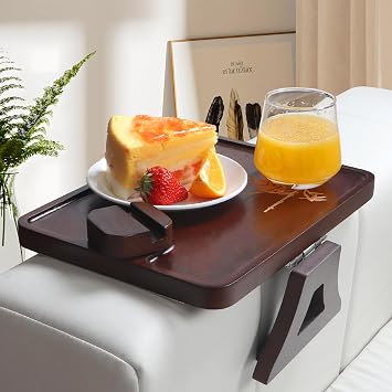 Bamboo Carving Wooden Sofa Arm Tray, Normal Size 11.8x8.6 Couch Armrest Tray, No Installation Required, Foldable, Eat/Drinks/Remote Control/Snacks Holder, with 360 Rotating Phone Stand