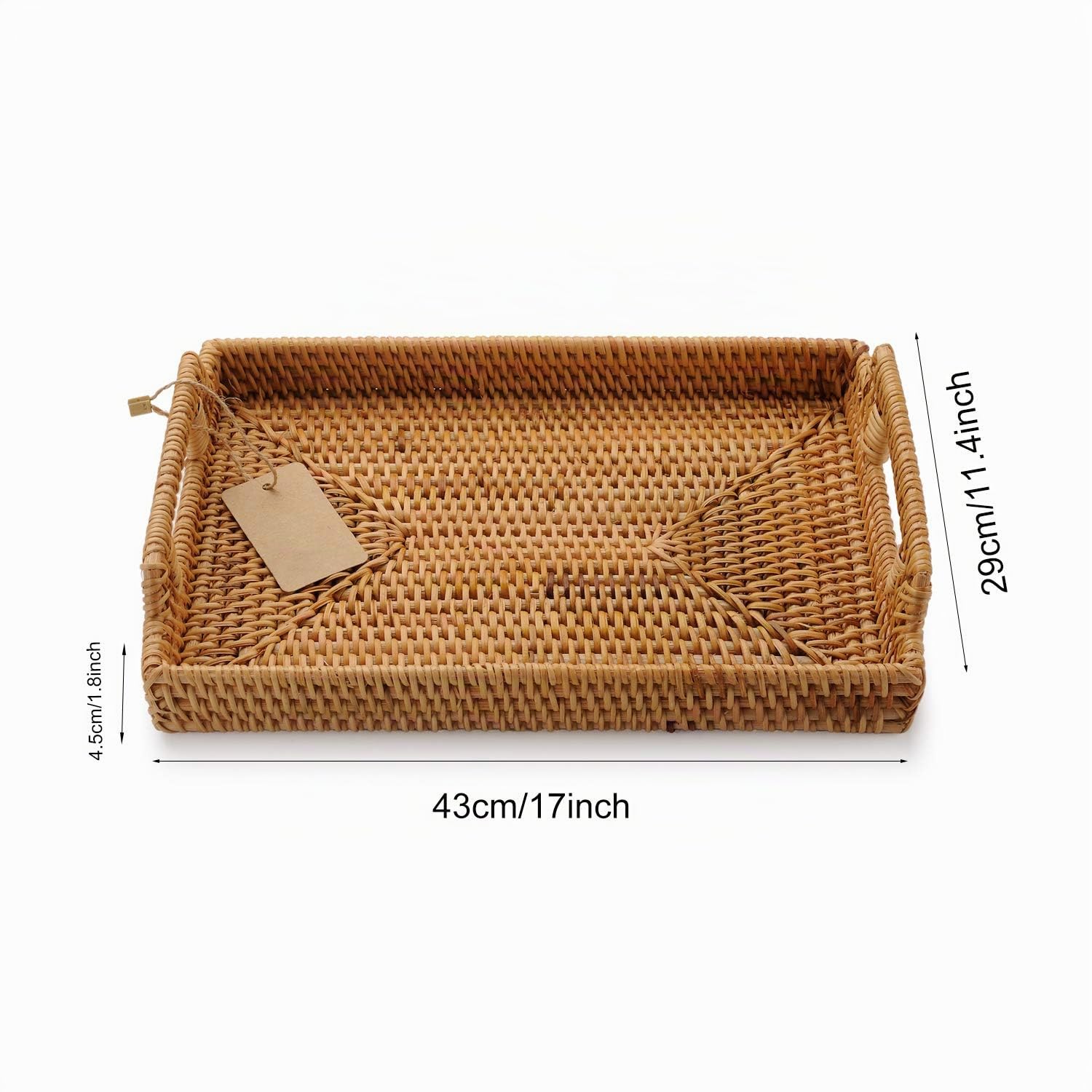 Bandeja Rectangular de Ratán Tejida a Mano para Servir Comida y Bebidas Decorativa con Asas 43x29x4.5cm Natural