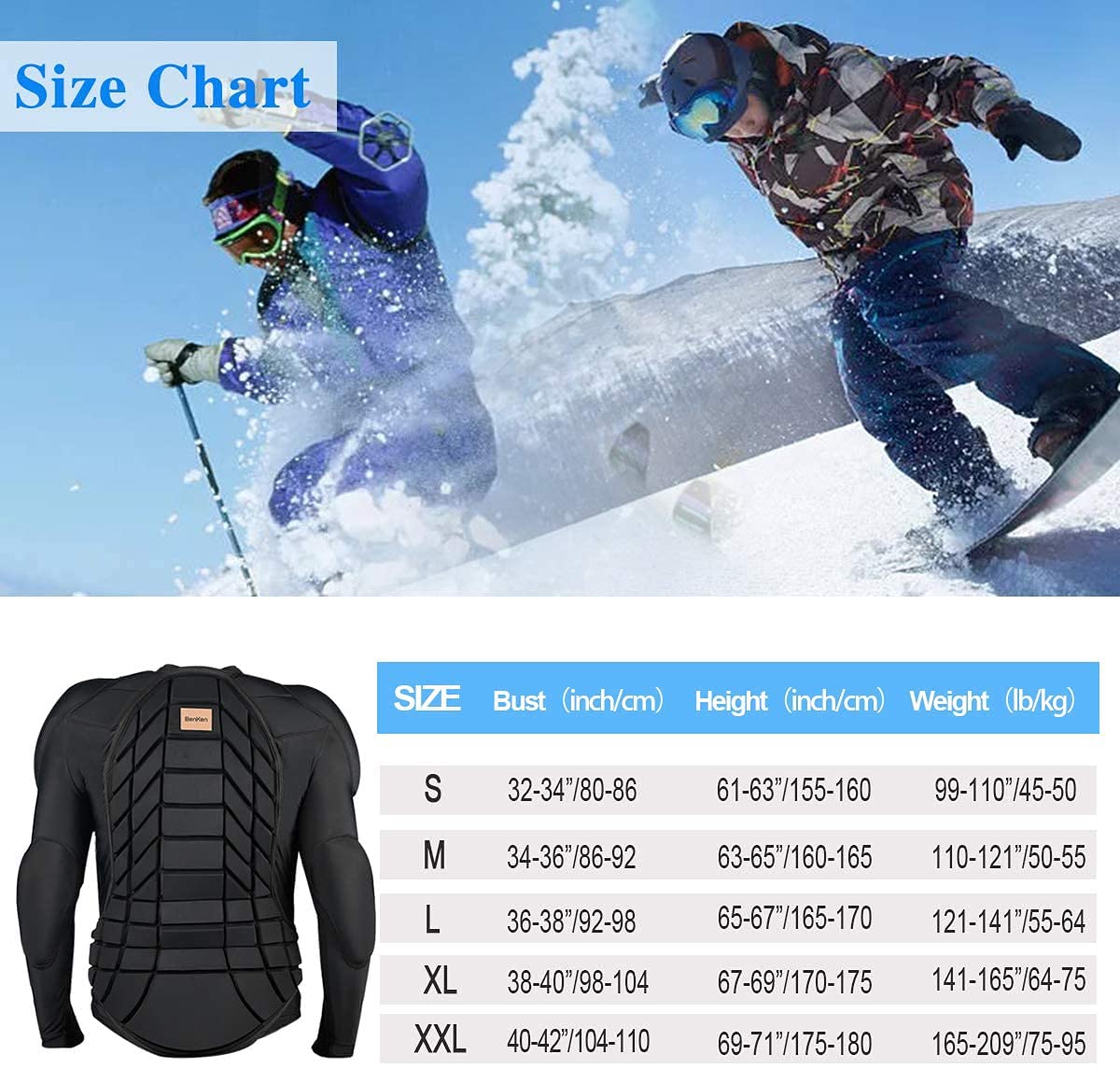 BenKen Chemise Protectrice Équipement Protection pour Ski Snowboard Moto Enduro, Veste de protection réglable (homme femme)