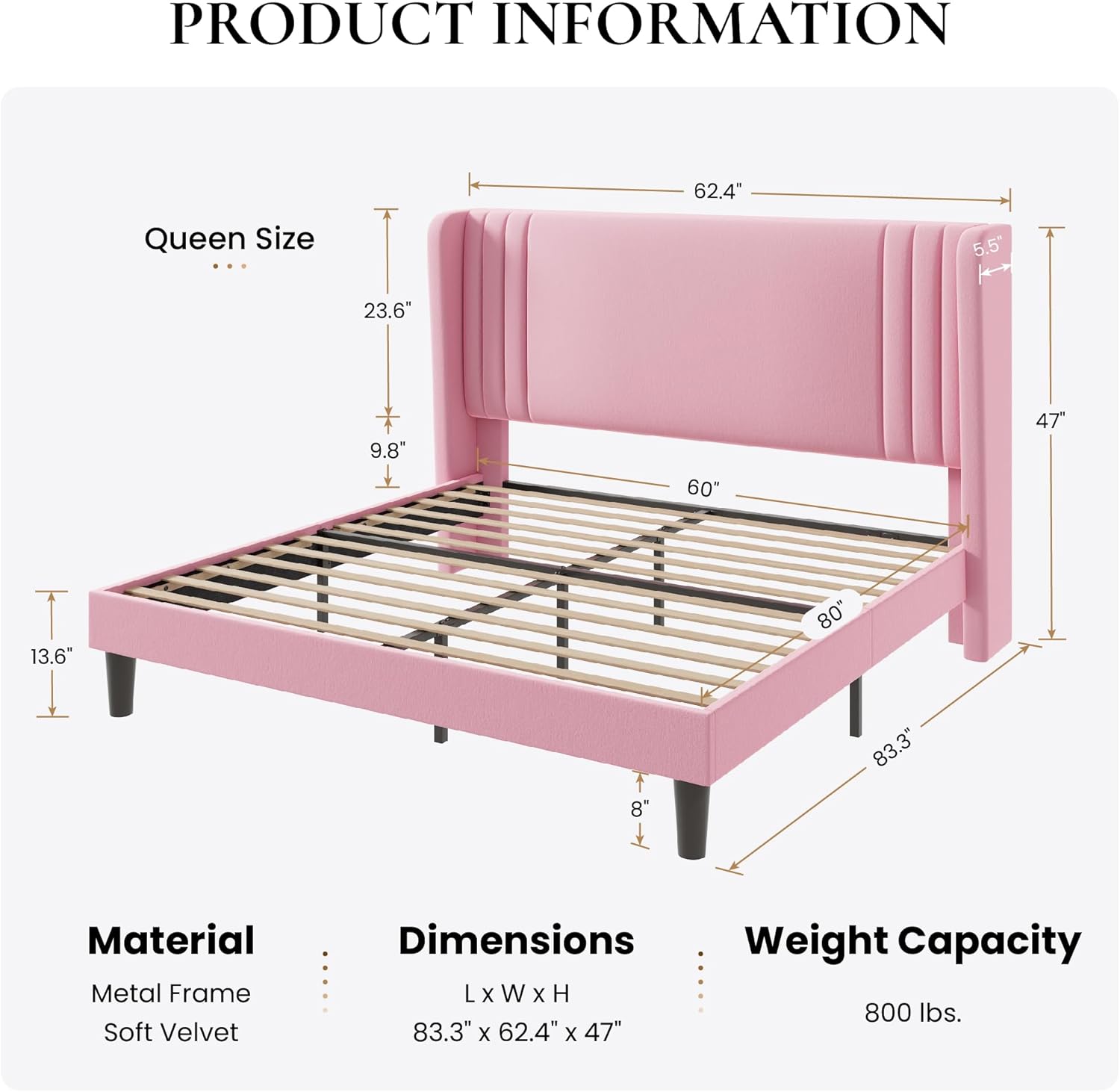 Specifications table for the SHA CERLIN bed frame, detailing size, dimensions, material, and weight capacity.