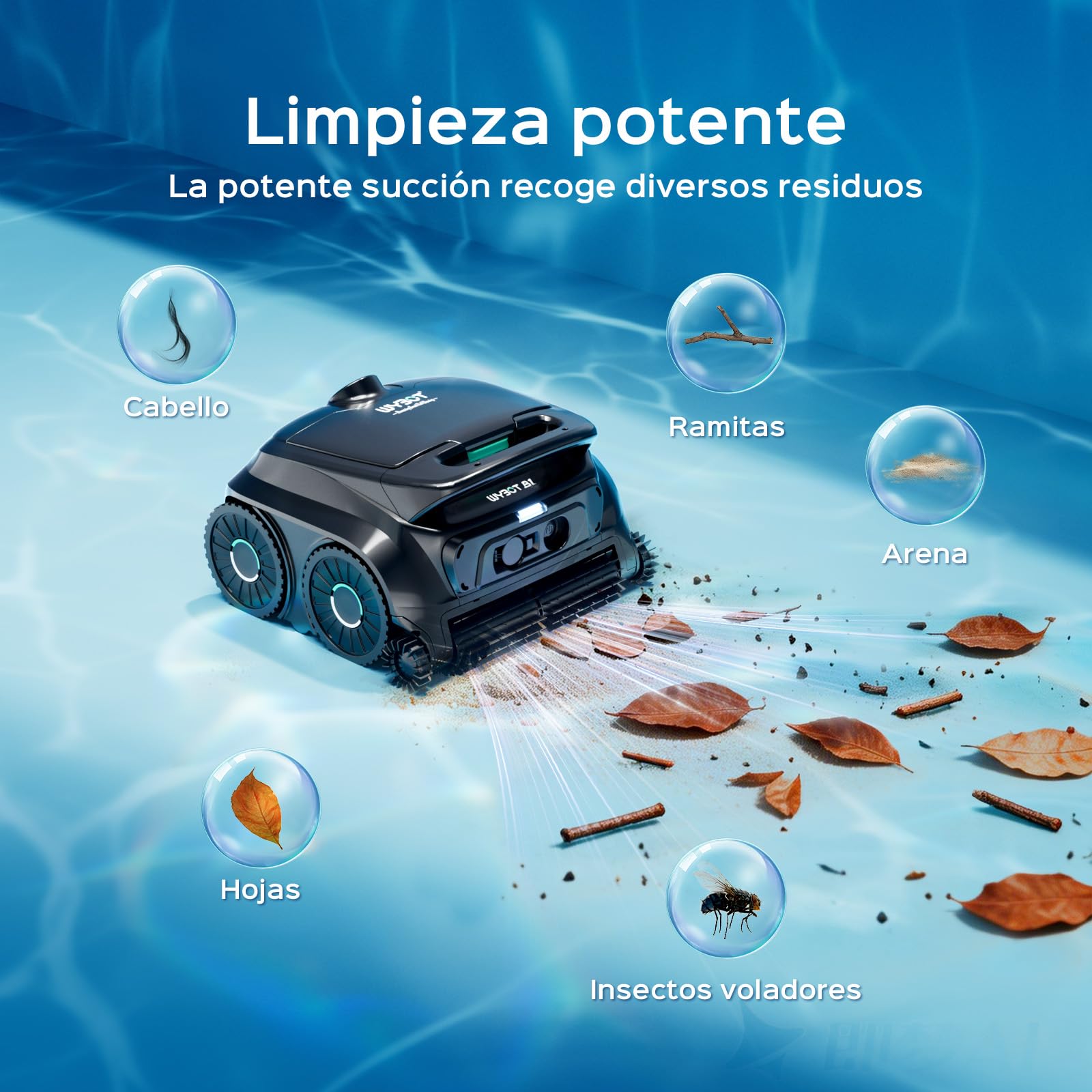 WYBOT B1 Robot de Piscina Inalámbrico, Limpia Fondo y Paredes 120 Min Autonomía para Piscinas Enterradas Y sobre Suelo, App, Dos Cepillos Laterales, Negro