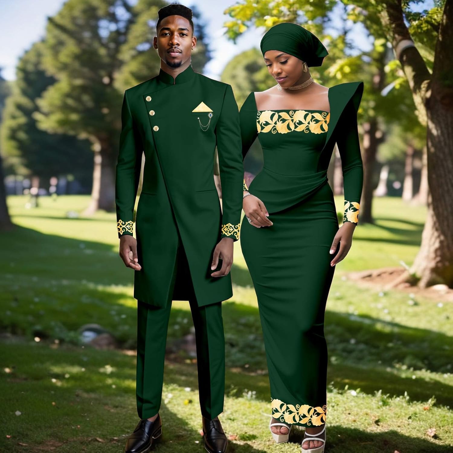 African Clothes for Couple Men`s Embroidery Bussiness Suit and Women`s Maxi Dress Headscarf