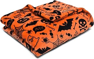 Bedlam - Couverture Polaire Halloween (120 x 150cm) - Super Douce et Moelleuse - Polaire Orange Chauves-Souris & Crânes - Plaid Halloween - Décoration Halloween