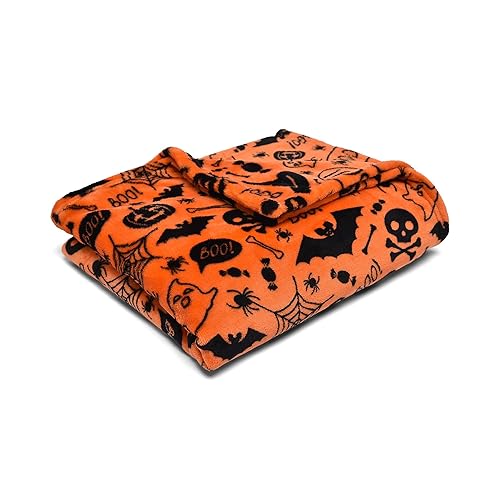 Bedlam - Halloween Fleecedecke (120 x 150cm) - Superweiche & kuschelige Decke in Orange - Gruselige Fledermäuse & Totenköpfe - Halloween Kuscheldecke für Sofa oder Bett - für Halloween Dekoration - 120 x 150cm - Halloween Boo