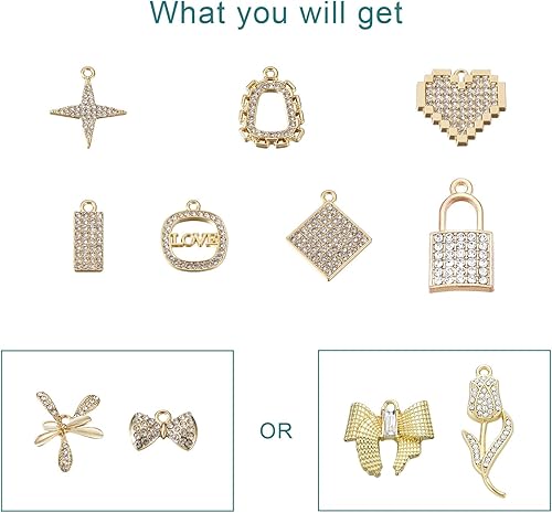 Miniatura 3 de KISSITTY 18 colgantes de diamantes de imitación de cristal de oro claro, cierre de corazón, lazo, estrella, encantos de amor para mujeres, collares,