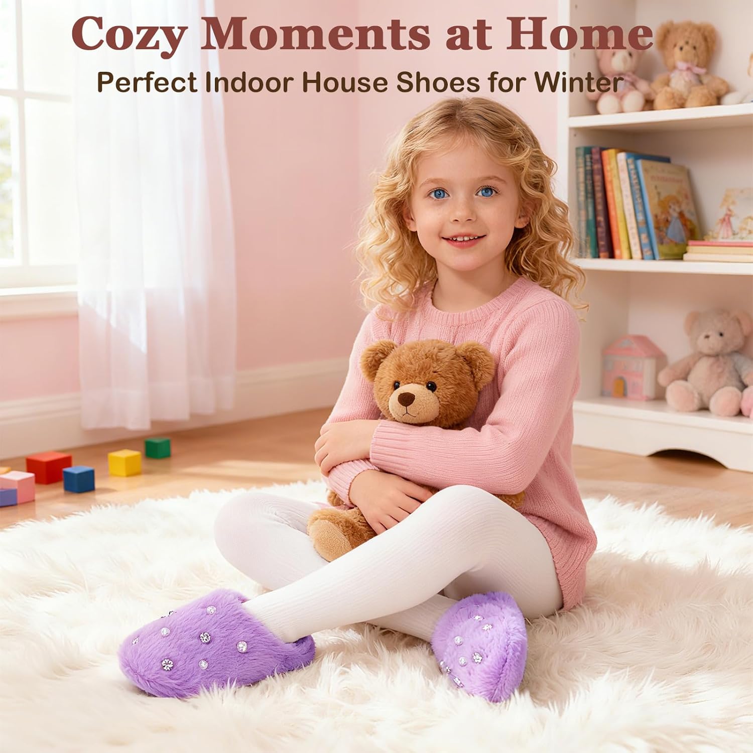 Girls Fluffy Slippers with Pearls & Crystals, Plush Low Heel House Shoes with Non-Slip Memory Foam for Winter Indoor - Image 6