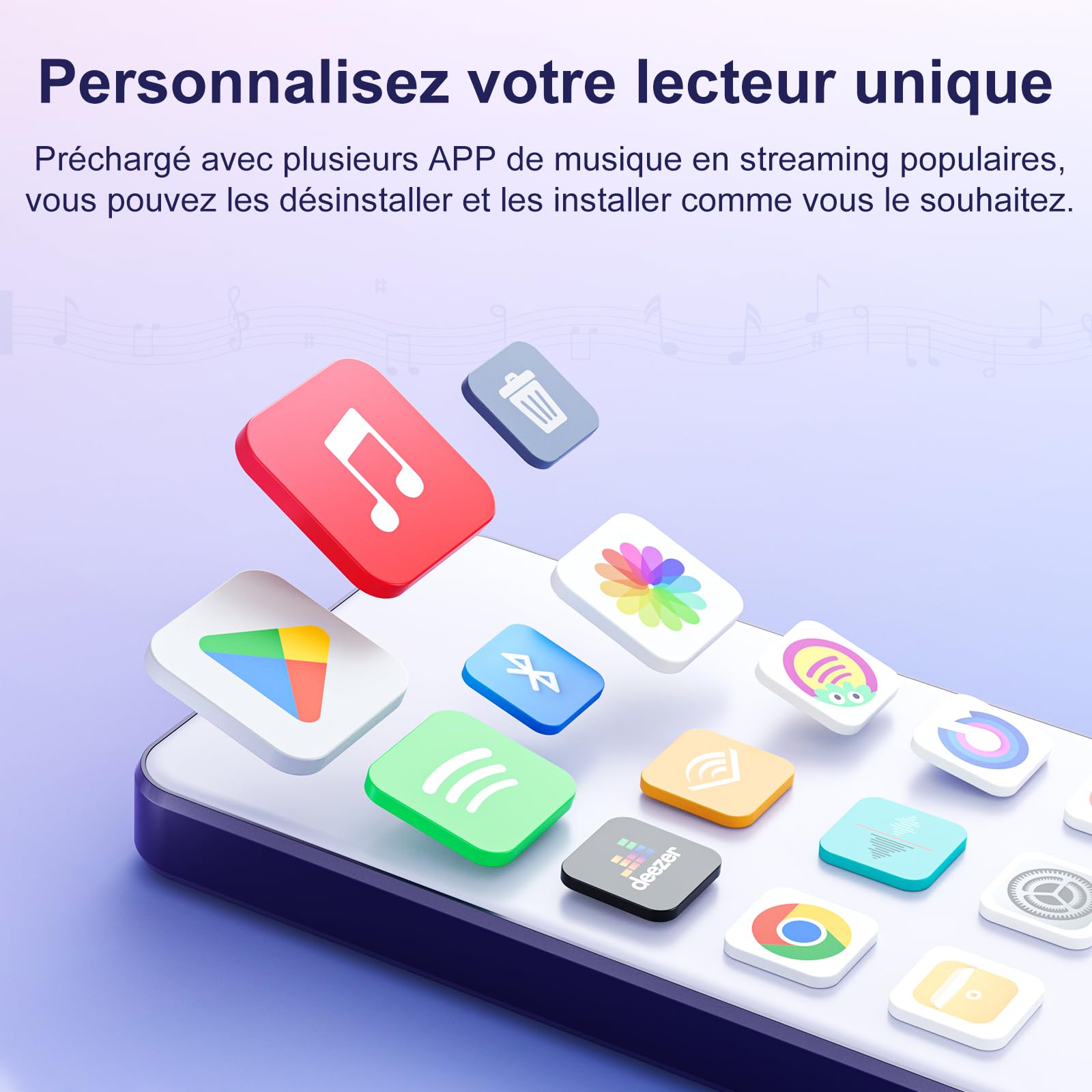 Lecteur MP3 80 Go Bluetooth WiFi 2000 mAh écran Tactile 4" Android Spotify Amazon Music Play Store