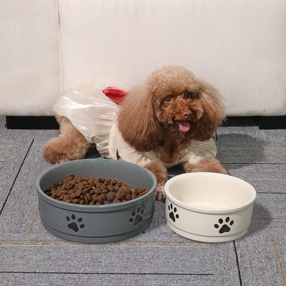 Sweejar Ceramic Dog Bowls with Paw Pattern, Dog Food Dish for Medium Dogs, Porcelain Pet Bowl for Water 35 Fl Oz (Beige)