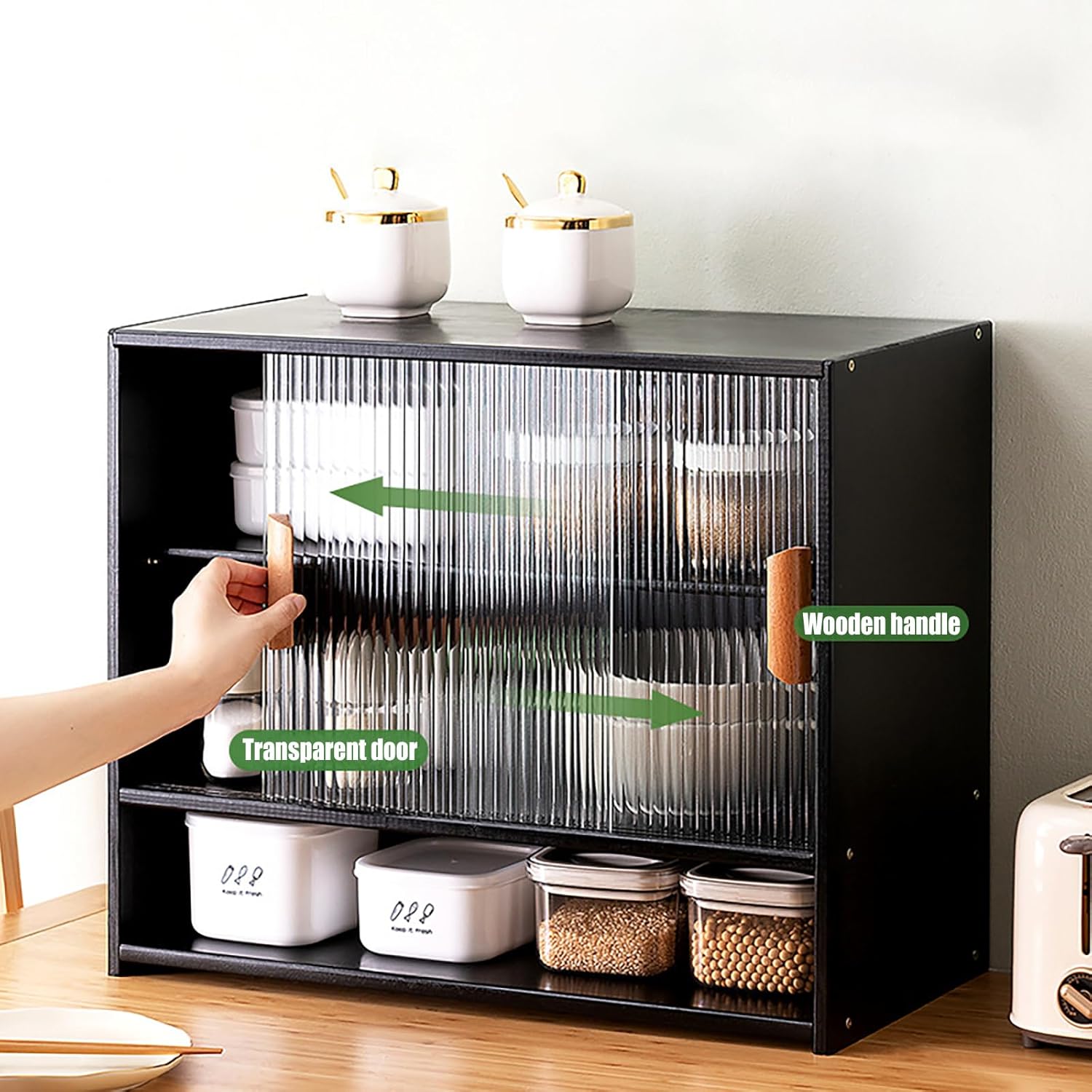 Small Bamboo Kitchen Pantry Sideboard with 2 Sliding Striped Glass Doors Detachable Laminate Freestanding Countertop Storage Cabinet for Spice Seasoning Bottles Dish Bowl (Black)