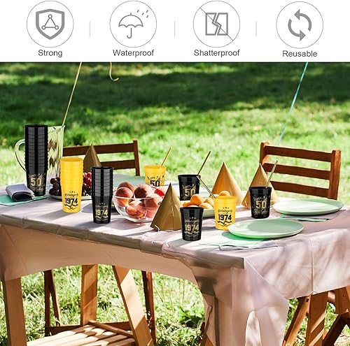 Miniatura 7 de Paquete de 40 vasos de plástico reutilizables de 8 onzas para fiesta de cumpleaños, color negro y dorado, 8 onzas, para cumpleaños, aniversario,