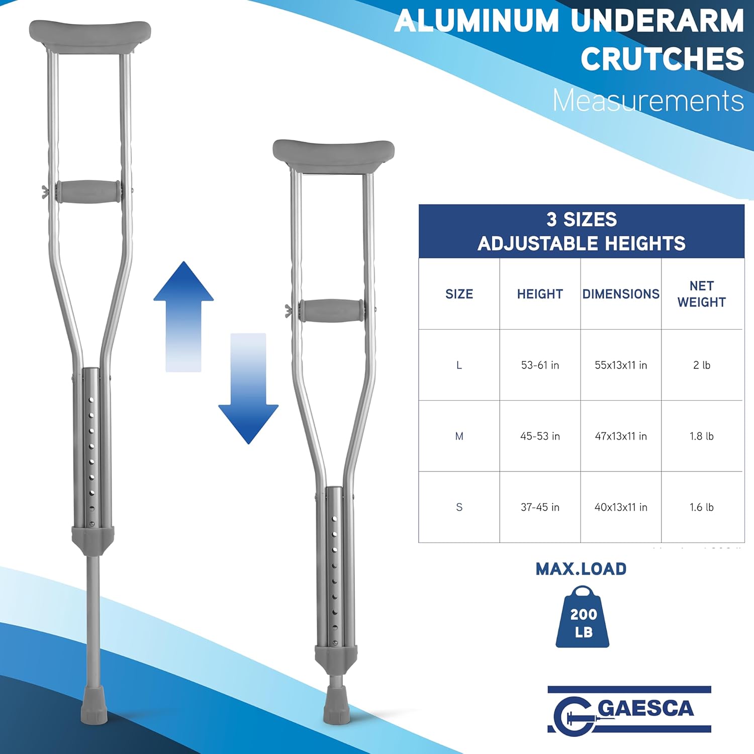 Lightweight Crutches (Pair), Height Adjustable 4'6" - 5'2", Padded Underarm Cushions, Hand Grips & Rubber Tips (S)