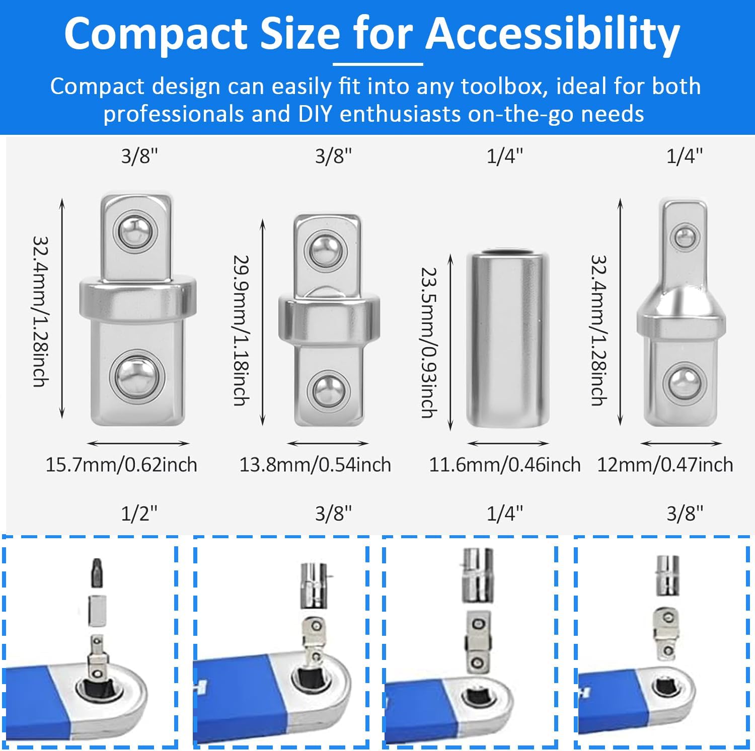 Socket Wrench Adapters, 4pcs 1/2",1/4" And 3/8" Square Drive Adapters, Double-head External Square Internal Hexagonal Connector Electric Wrench For Head Outer Square Electric Wrench Extension Rod