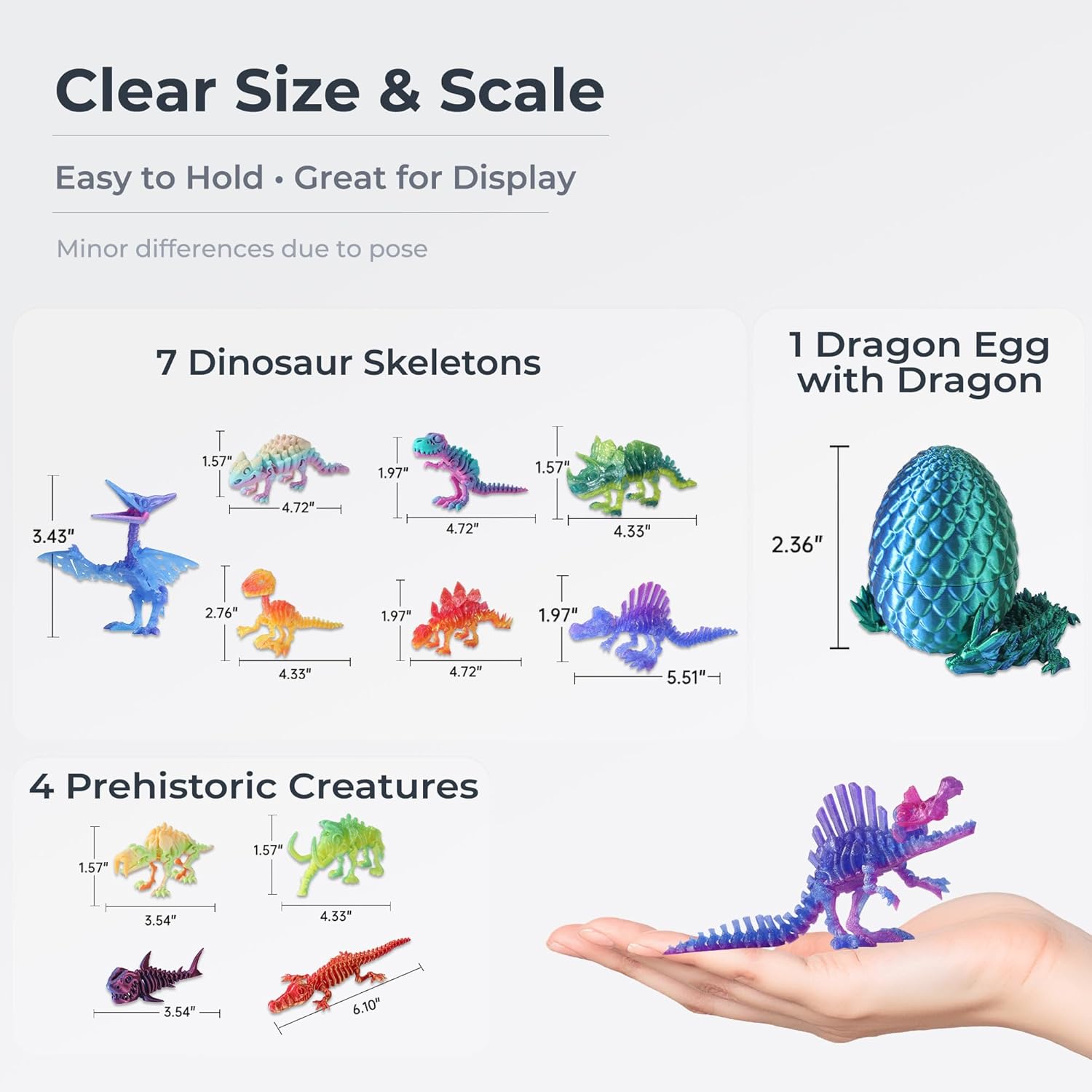 12PCS 3D Printed Dinosaur Skeleton Toys Set, Dragon Egg with Crystal Dragon Inside, 3D Printed Articulated Prehistoric Animals, Multicolor Gradients, PLA Fidget Desk Toys, STEM Gift for Kids & Adults