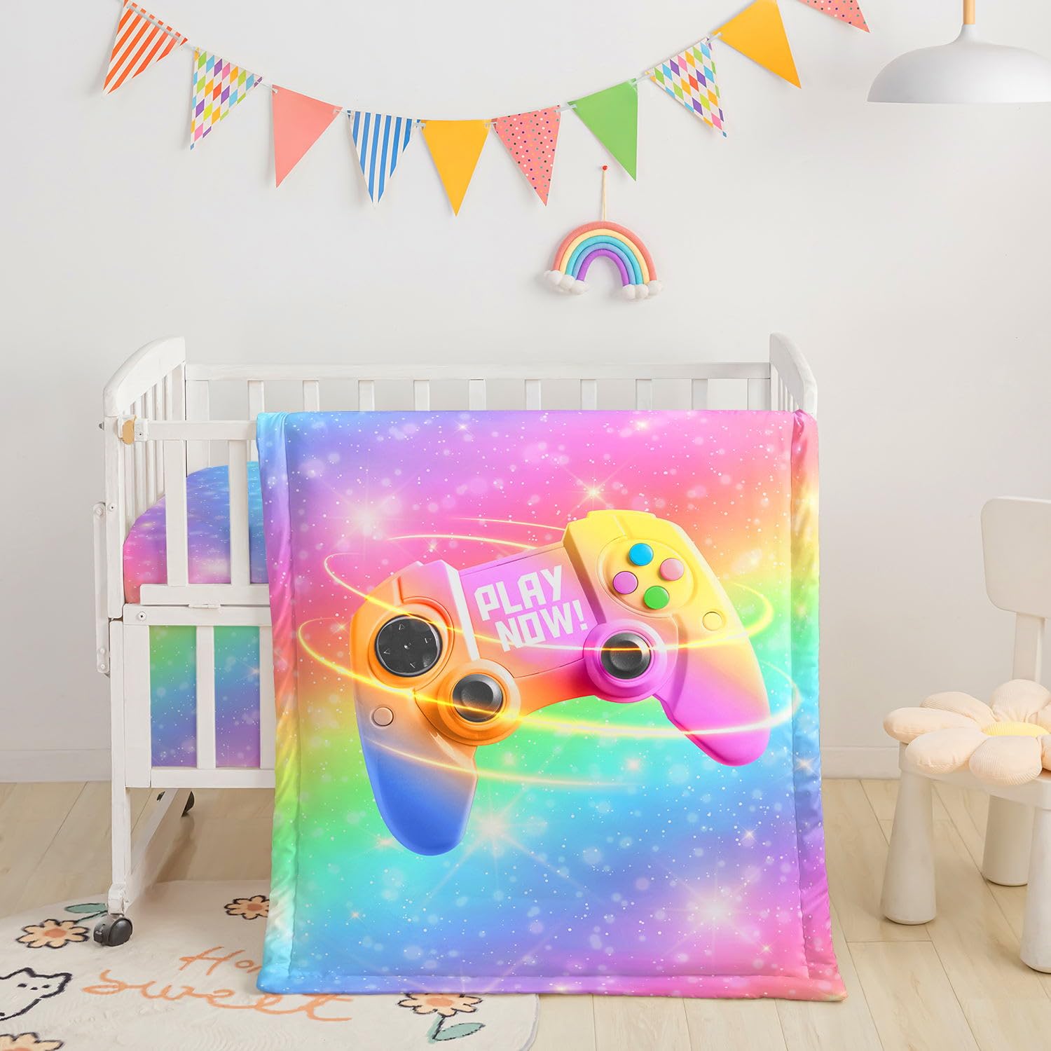 Crib Bedding Set, 3-Piece Nursery Bedding with Comforter, Crib Sheet &amp; Crib Skirt, Rainbow Gamepad Printed for Baby Boys and Girls