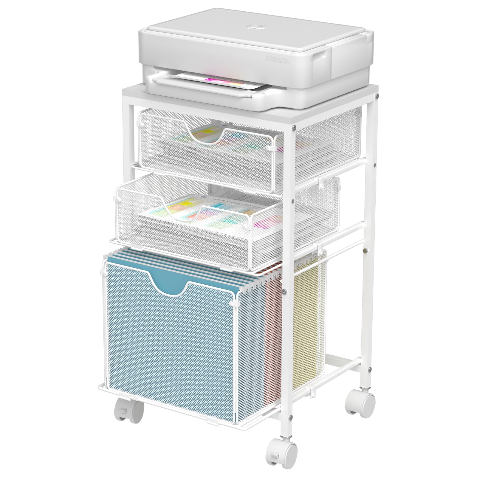 BOHDK Rolling File Cart with 3 Storage Drawers, Wood & Mesh Hanging File Folder Organizer with Wheels Under Desk, File Cabinets for Home Office, 11.81