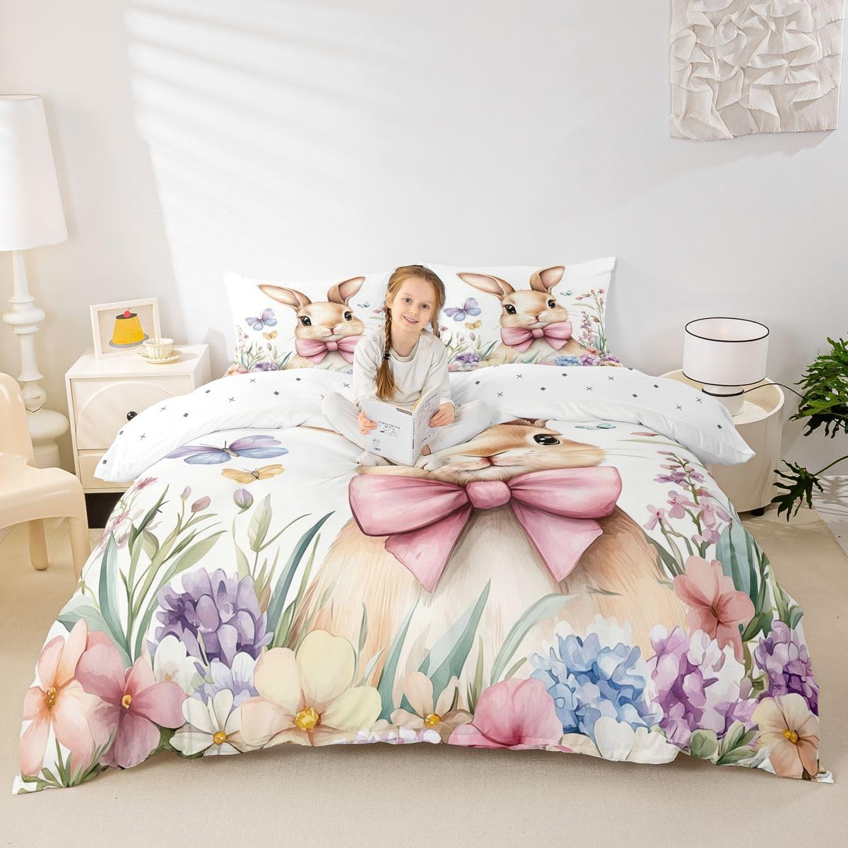 jejeloiu Queen Size Cute Bunnies Duvet Cover Boys Girls Easter Theme Bedding Set for Kids Women Men Floral Flower Comforter Cover Set Room Decorations Bedclothes(No Comforter)
