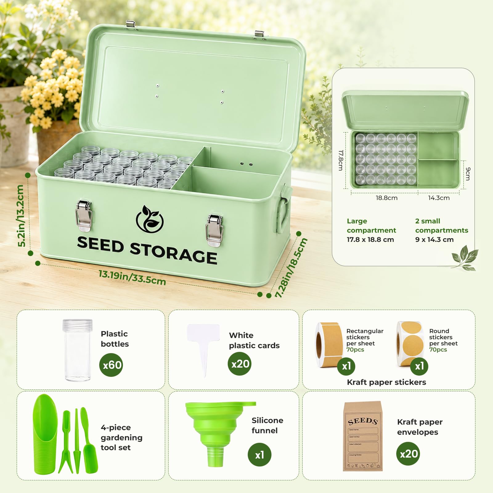 Caja de Almacenamiento de Semillas, Caja Organizadora para Almacenar Semillas Caja para Semillas con 60 Botellas de PláStico, 20 Bolsas de Papel Kraft, 4 Herramienta para Plantar, 1 Embudo de Silicona | con 60 botellas, 20 sobres, 4 herramientas de planta