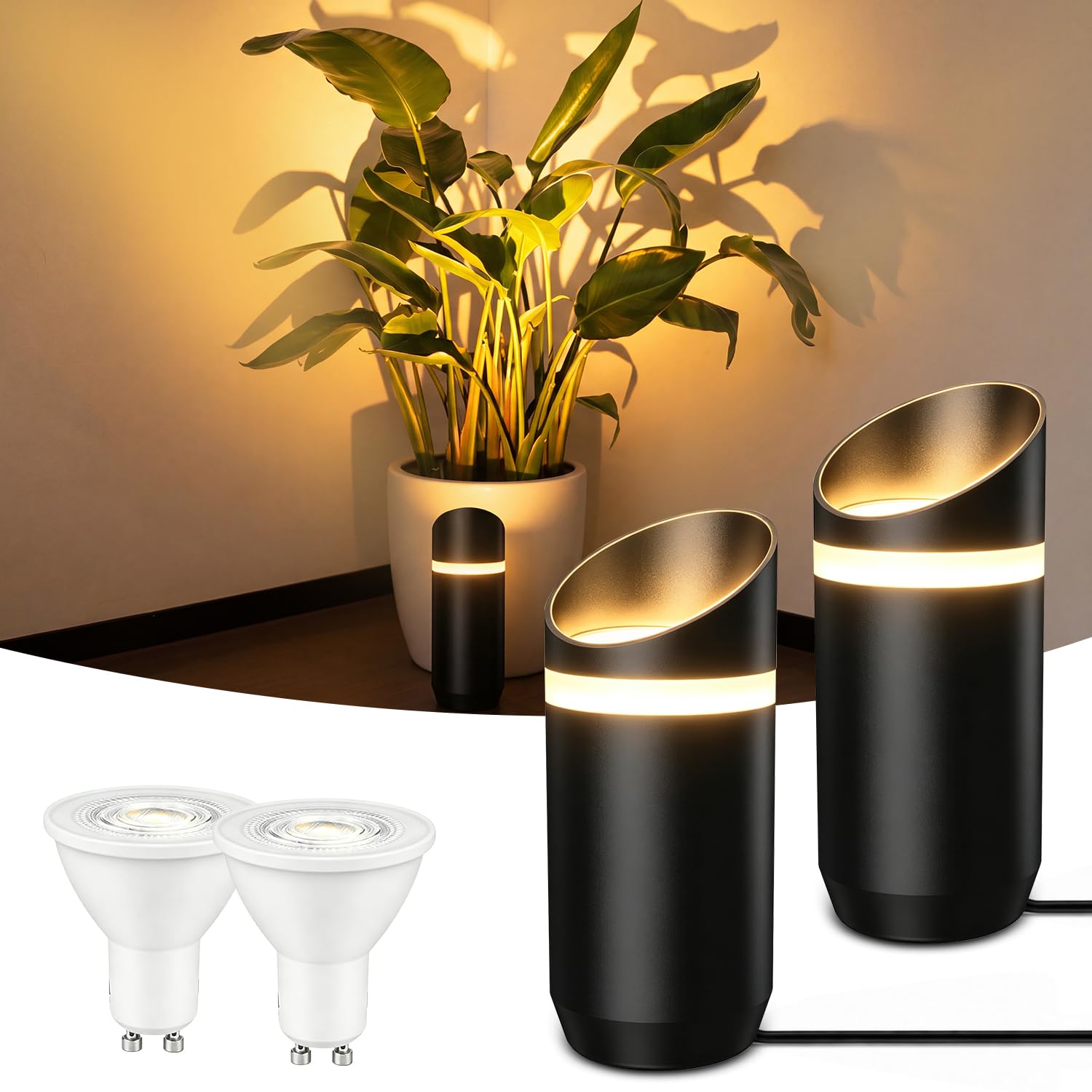 HANDSONIC Uplighter Floor Lamp for Living Room, 7W GU10 LED Uplighters with Warm 2700K Light, Indoor Spotlight for Plants, Artwork and Dark Corners, 2Pcs